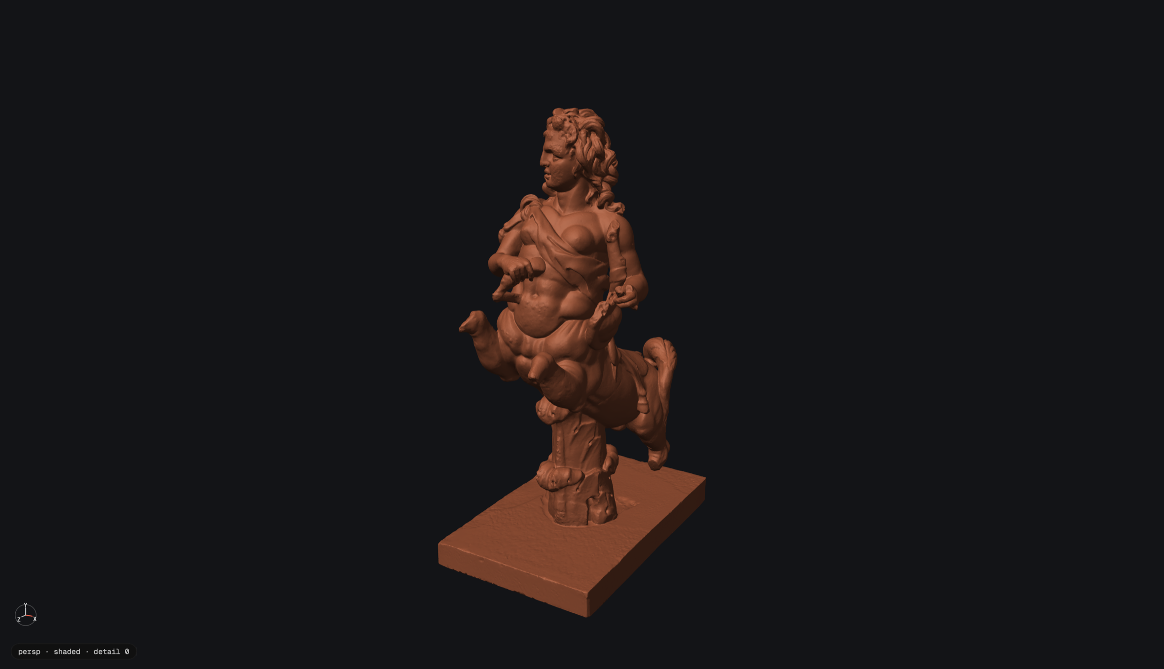 The whole Talla window in zen mode: a terracotta centaur on a dark viewport, with only a small axis gizmo and a “persp · shaded · detail 0” tag in the corners.