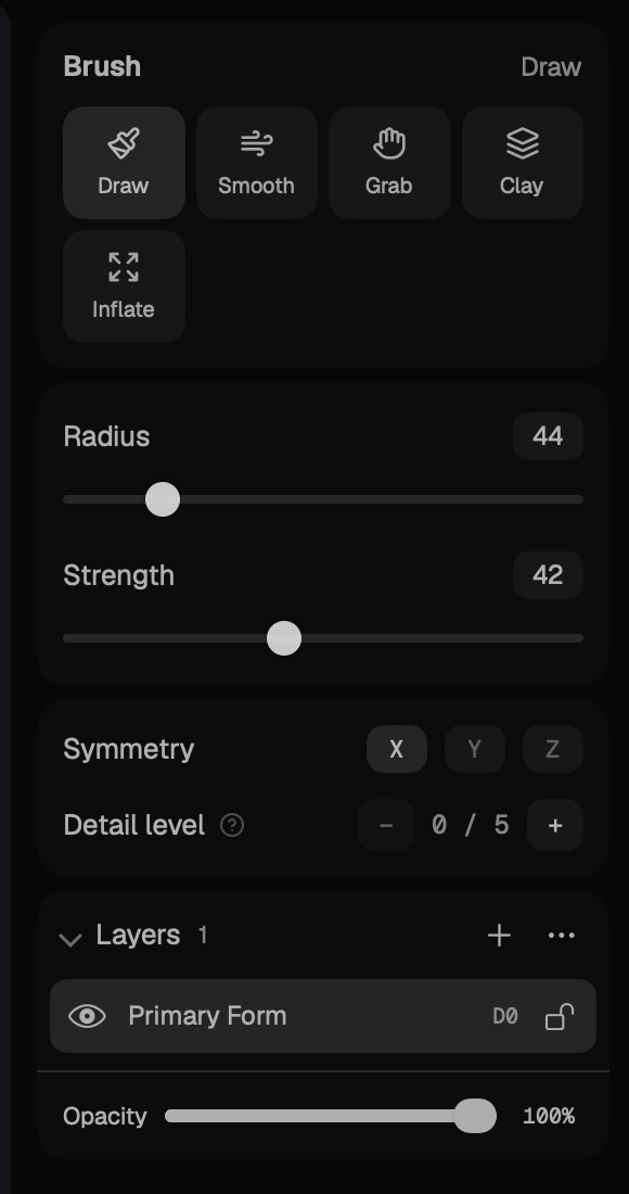 The control panel, close up: five brush buttons, radius and strength sliders, X Y Z symmetry toggles, a detail level stepper reading 0 of 5, and a layer list with one layer named Primary Form at 100 percent opacity.