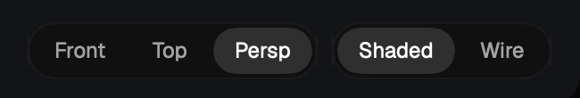 Two pill groups at the bottom right of the viewport: Front, Top, Persp, with Persp selected, and Shaded, Wire, with Shaded selected.