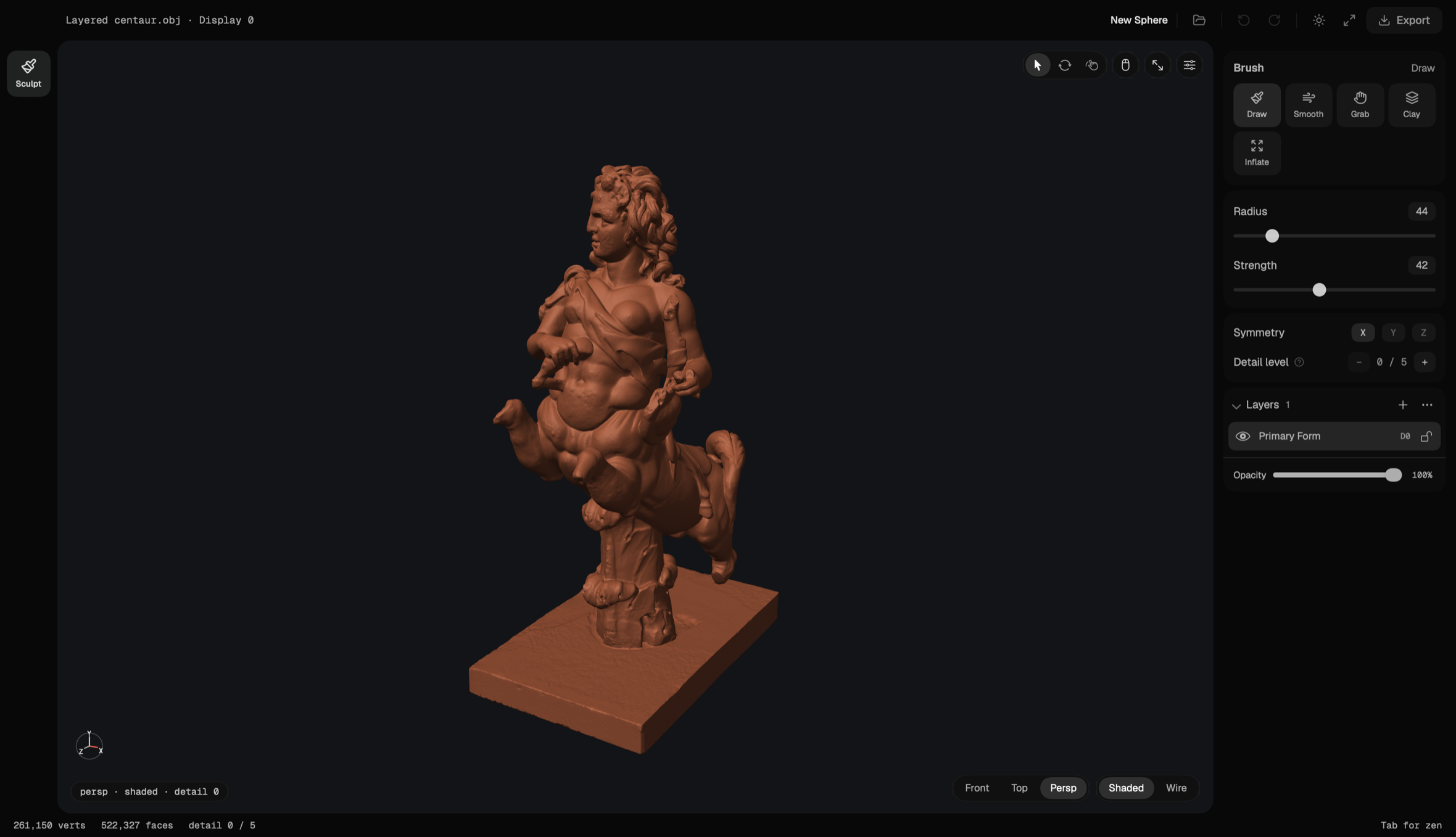 The same window with the chrome showing: the centaur in the viewport, and brush, radius, strength, symmetry, detail level, and layer controls in a panel on the right.